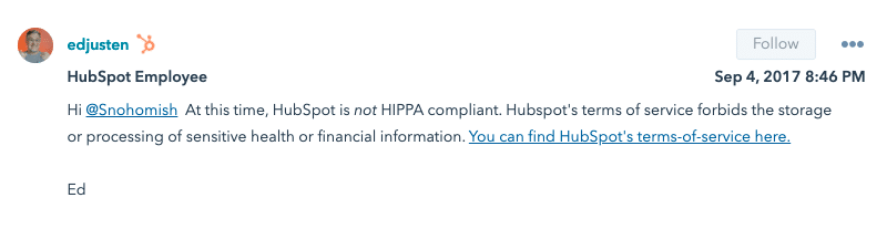 Hubspot is not HIPAA compliant